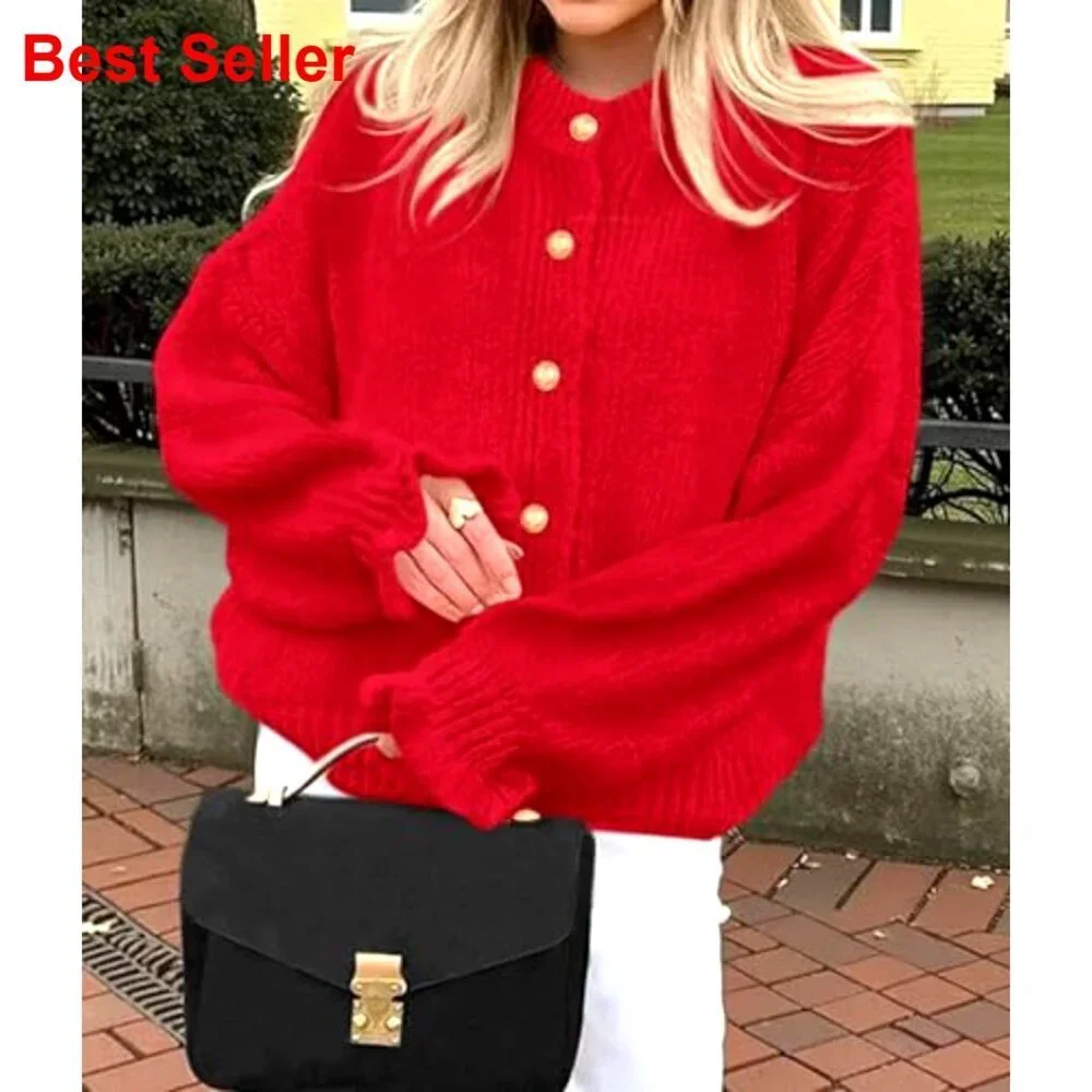 Cropped Chunky Knit Cardigan with Ruffle Sleeves, Mock Neck, Button Front